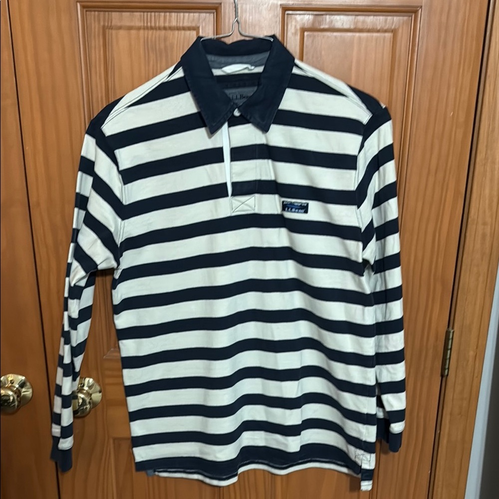 L.L. Bean Blue and White Striped Polo Shirt Long Sleeve